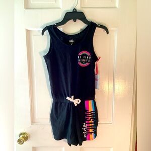 Justice black and rainbow stripe romper